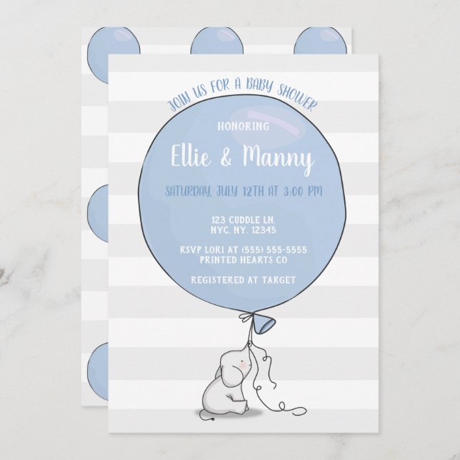 Elephant and Balloon Baby Shower Einladung | Blau (Vorne/Hinten)