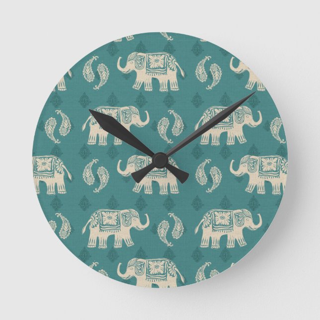 Elephant Aquamarin Caravan Muster Runde Wanduhr (Vorderseite)