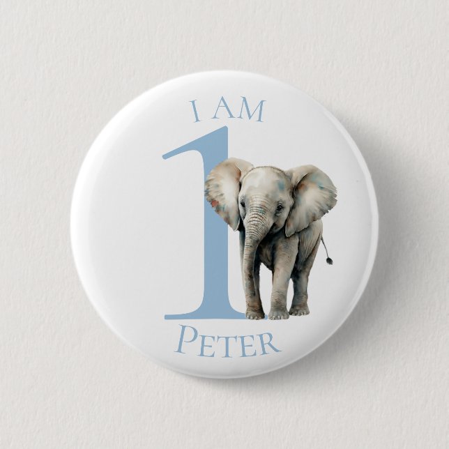 Elephant Aquarell Blue BIRTHDAY Button (Vorderseite)