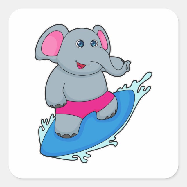 Elephant as Surfer with Surfboard Quadratischer Aufkleber (Vorderseite)