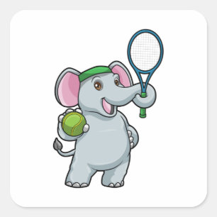 Elephant at Tennis with Tennis racket Quadratischer Aufkleber
