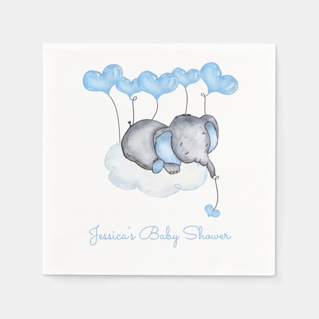 Elephant auf Cloud Blue Balloons Boy Baby Shower Serviette (Vorderseite)