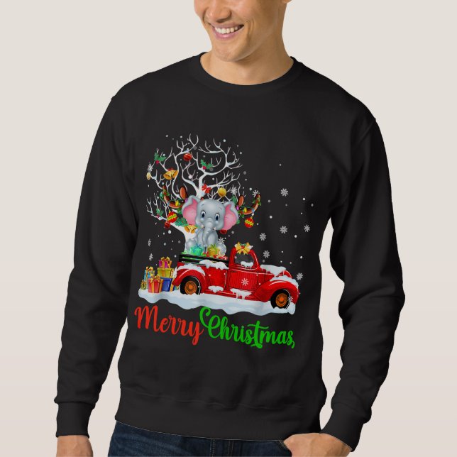 Elephant auf Red Truck Weihnachten Pajama Funny Xm Sweatshirt (Vorderseite)