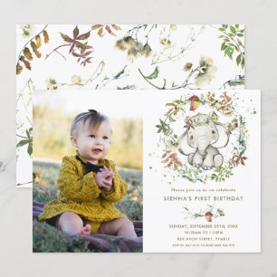 Elephant Autumn Fall Gender Neutral Birthday Foto Einladung