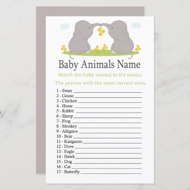 Elephant Baby Animals Name Game (Vorne/Hinten)