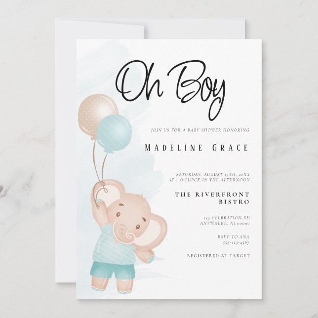 Elephant Baby Boy Baby Shower Einladung (Vorderseite)