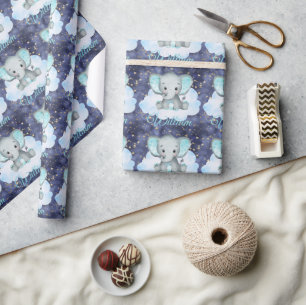Elephant Baby Boy Blue Sky Gold Stars Individuelle Geschenkpapier