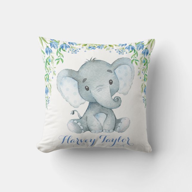 Elephant Baby Boy Kinderzimmer Pastel Blue Blumen Kissen (Vorderseite)
