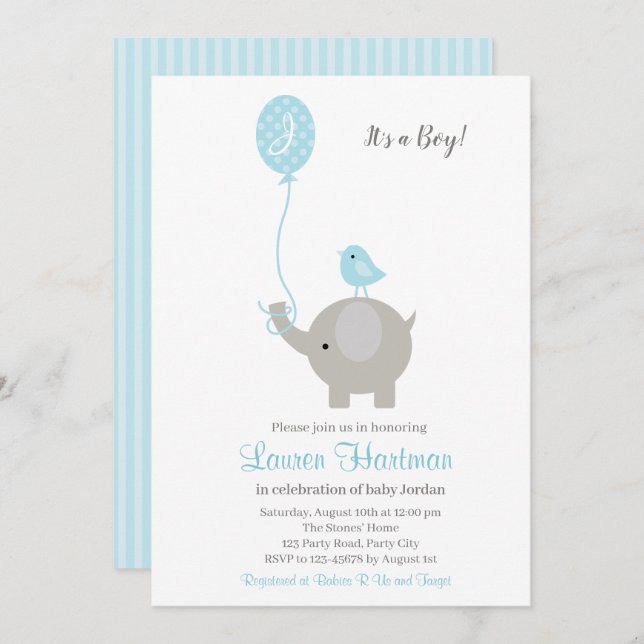 Elephant Baby Boy Shower Einladungen mit Balloon (Vorne/Hinten)