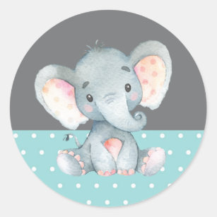 Elephant Baby Dusche Aqua und Gray Runder Aufkleber
