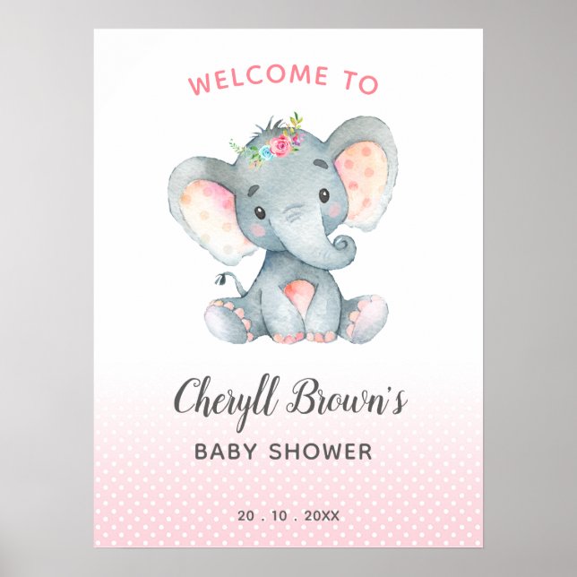 Elephant Baby Dusche Begrüßungszeichen Pink Girl P Poster (Vorne)