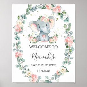 Elephant Baby Dusche Blumengrün Empfang Poster