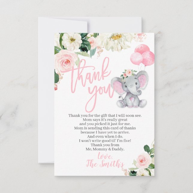 Elephant Baby Dusche Danke, Karten für ein Mädchen (Vorderseite)
