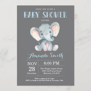 Elephant Baby Dusche Einladung Blau und Grau