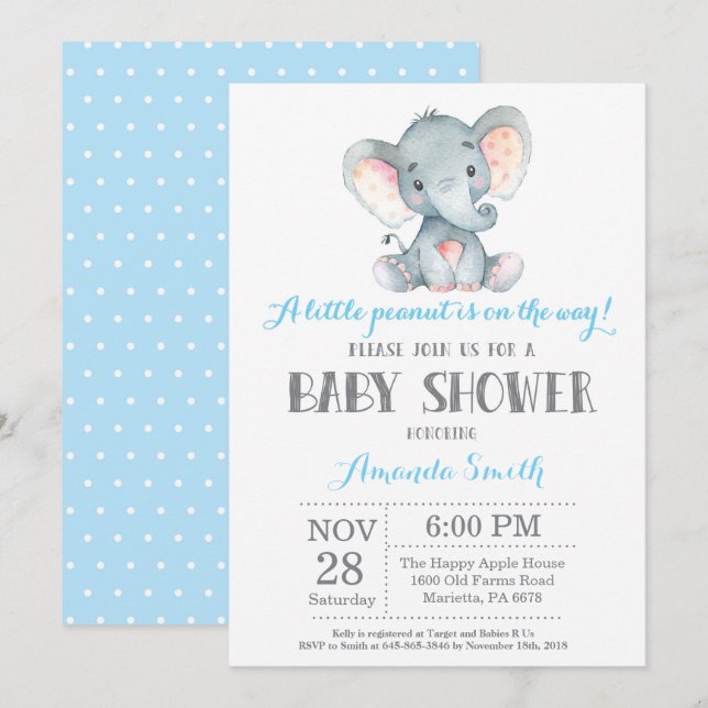 Elephant Baby Dusche Einladung Blau und Grau (Vorne/Hinten)