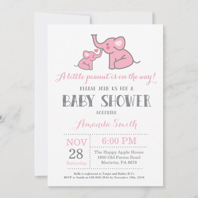 Elephant Baby Dusche Einladung Rosa und Grau (Vorderseite)