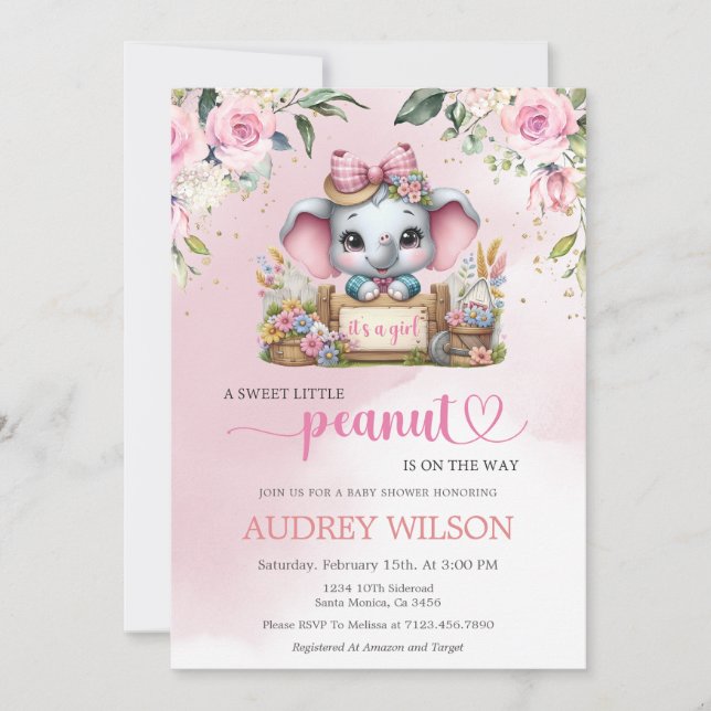 Elephant Baby Dusche Es ist ein Mädchen Einladung (Vorderseite)