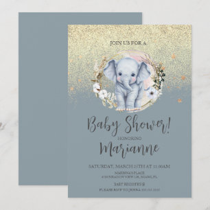 Elephant Baby Dusche Imitate Gold Glitzer Dusty Bl Einladung
