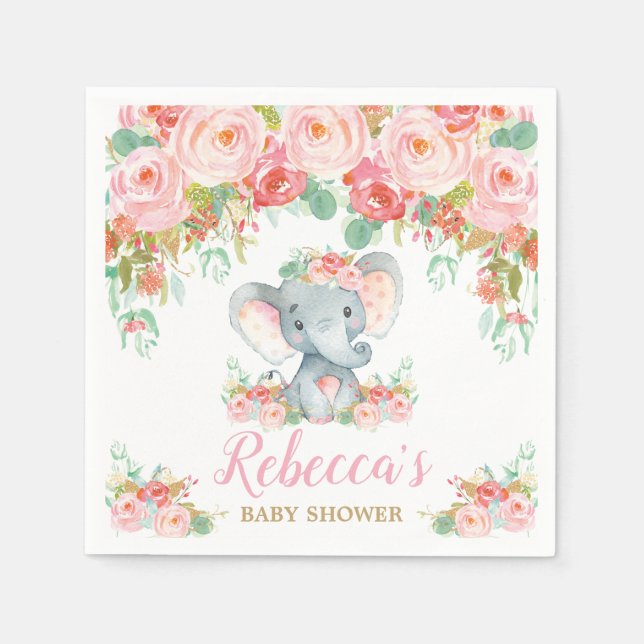 Elephant Baby Dusche Pink Blush Floral Girl Klein Serviette (Vorderseite)