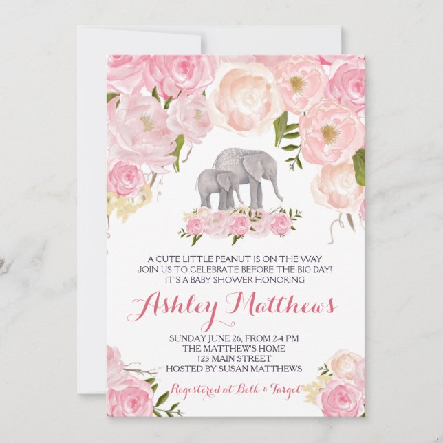 Elephant Baby Dusche, rosa Blütendusche Einladung (Vorderseite)