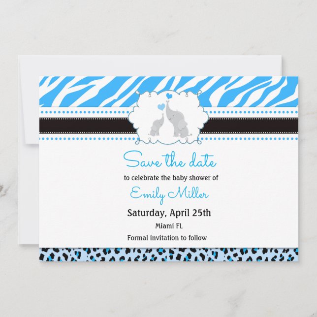 Elephant Baby Dusche Save the Date blau schwarz (Vorderseite)