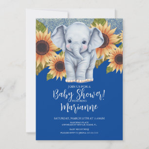 Elephant Baby Dusche Sonnenblumen Glitzer Blau Einladung