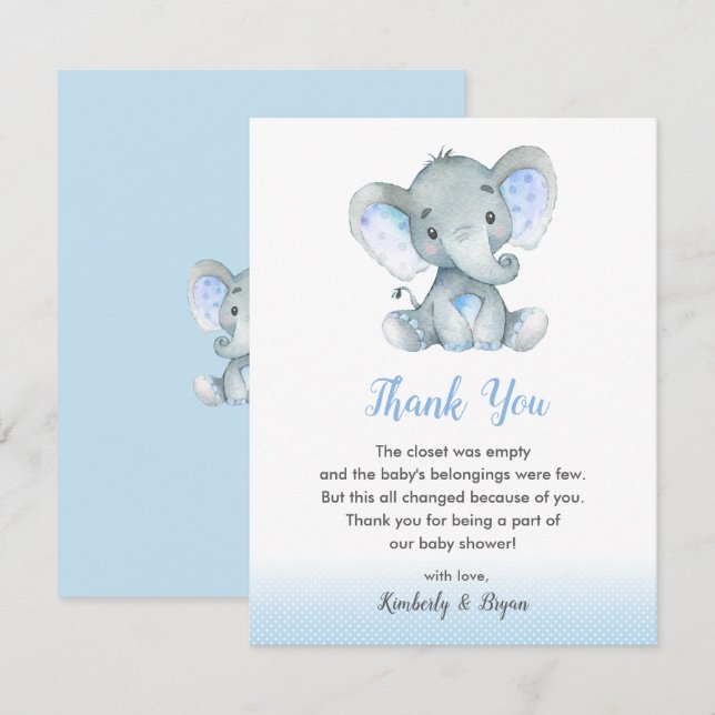 Elephant Baby Dusche Vielen Dank Cards Boys Blue Dankeskarte (Vorne/Hinten)