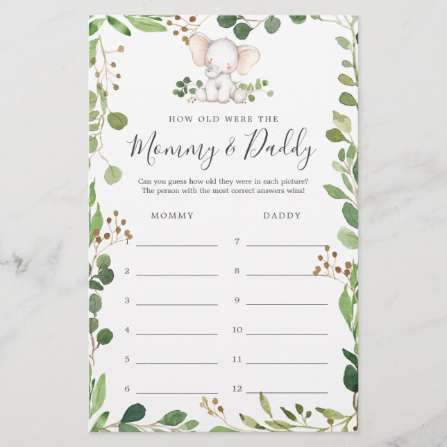 Elephant Baby Dusche wie alt waren sie Spielkarte (Vorderseite)