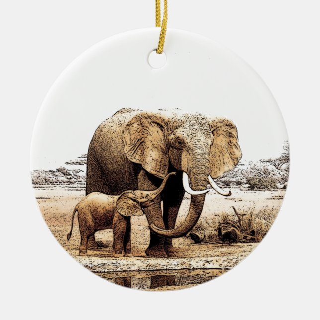 Elephant & Baby Elephant Keramik Ornament (Vorne)
