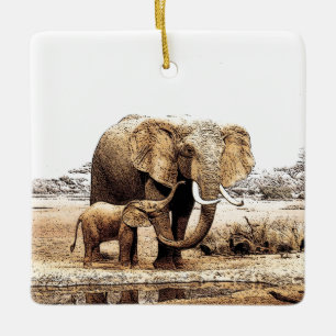 Elephant & Baby Elephant Keramikornament