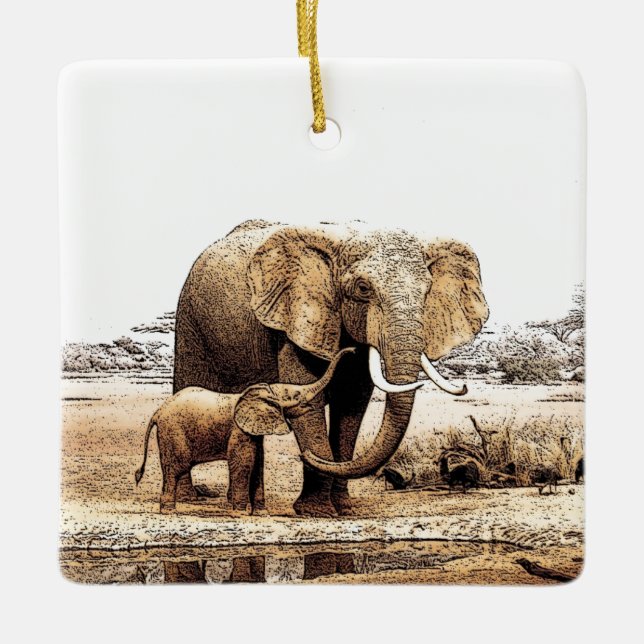 Elephant & Baby Elephant Keramikornament (Vorderseite)