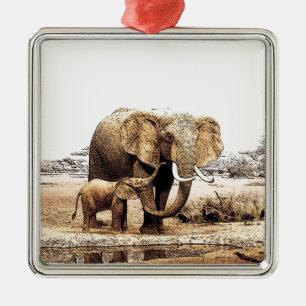 Elephant & Baby Elephant Ornament Aus Metall
