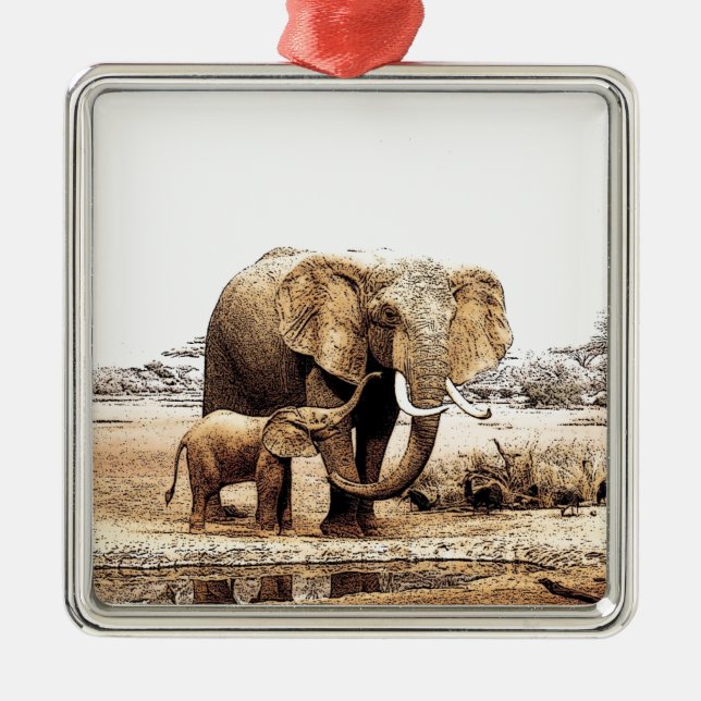 Elephant & Baby Elephant Ornament Aus Metall (Vorne)