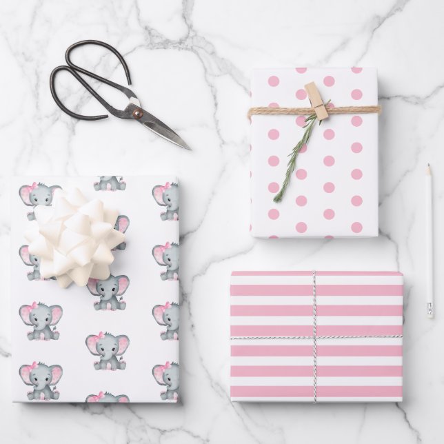 Elephant Baby Girl Baby Shower Geschenkpapier Set (Vorderseite)