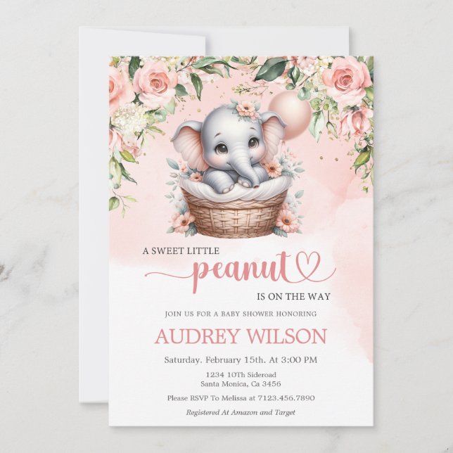 Elephant Baby Girl Babydusche Kleine Erdnuss Einladung (Vorderseite)
