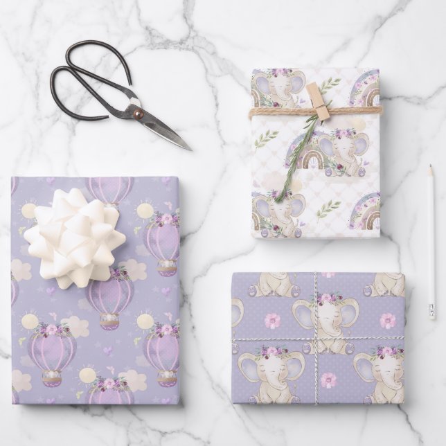 Elephant Baby Girl Babydusche Wrapping Paper Geschenkpapier Set (Vorderseite)