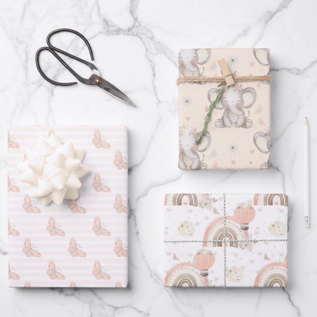 Elephant Baby Girl Babydusche Wrapping Sheets Geschenkpapier Set (Vorderseite)