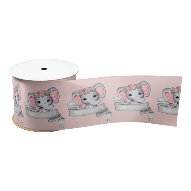 Elephant Baby Girl Pink und Grau Muster Pink  Satinband (Spule)