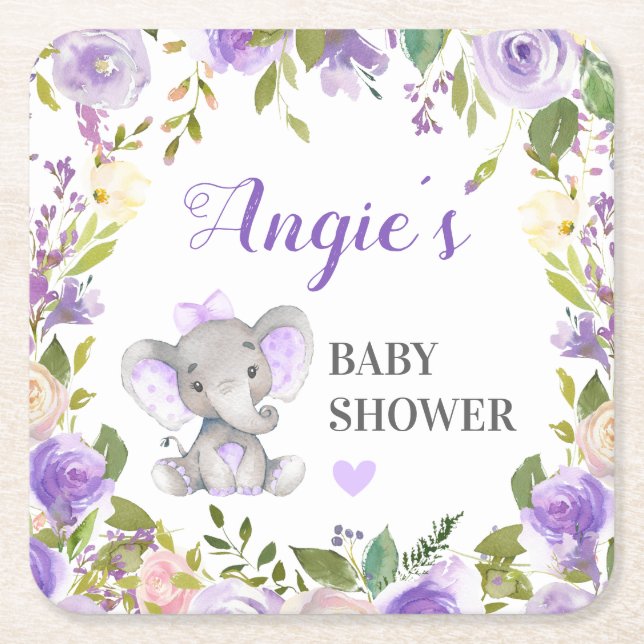 Elephant Baby Girl Shower Lavender Floral Glass Rechteckiger Pappuntersetzer (Vorderseite)