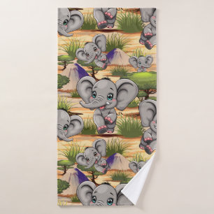 Elephant Baby Jumping Happy in African Savannah Badhandtuch Set