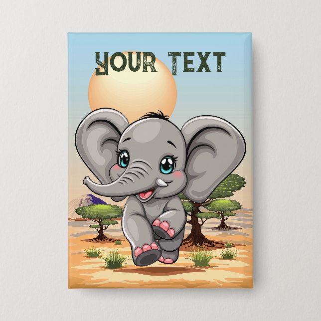 Elephant Baby Jumping Happy in African Savannah Button (Vorderseite)