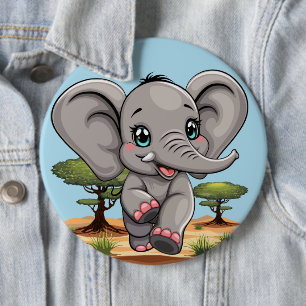 Elephant Baby Jumping Happy in African Savannah Button