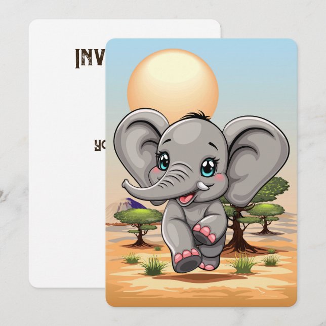 Elephant Baby Jumping Happy in African Savannah Einladung (Vorne/Hinten)