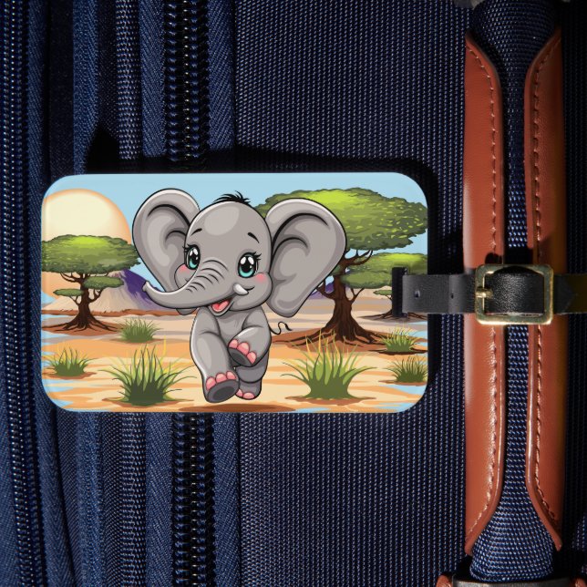 Elephant Baby Jumping Happy in African Savannah Gepäckanhänger (Vorderseite Insitu 4)