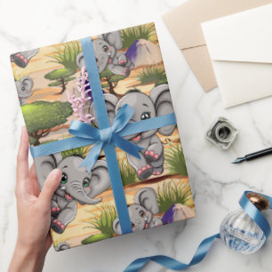 Elephant Baby Jumping Happy in African Savannah Geschenkpapier