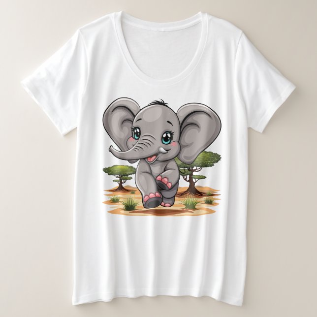 Elephant Baby Jumping Happy in African Savannah Große Größe T-Shirt (Design vorne)