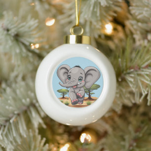 Elephant Baby Jumping Happy in African Savannah Keramik Kugel-Ornament