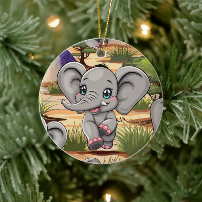 Elephant Baby Jumping Happy in African Savannah Keramik Ornament (Baum)