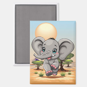 Elephant Baby Jumping Happy in African Savannah Magnet