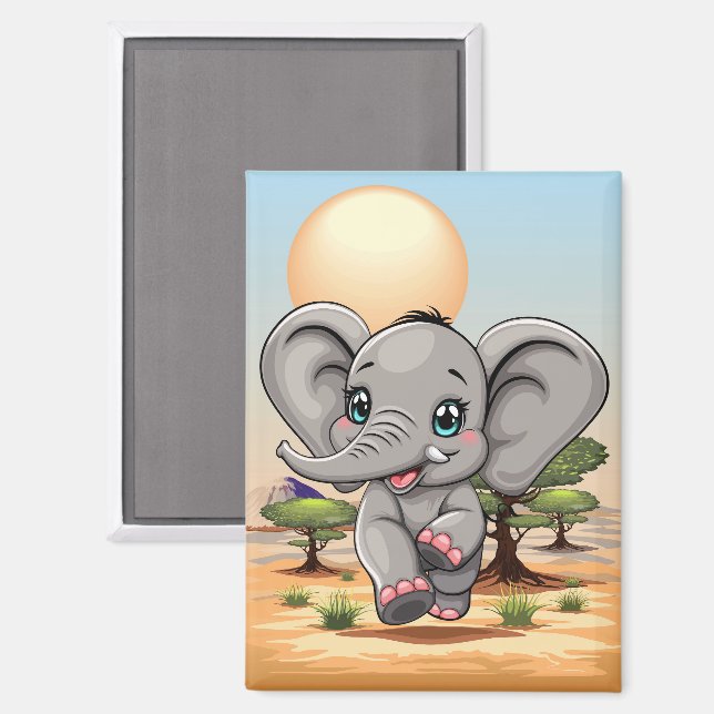 Elephant Baby Jumping Happy in African Savannah Magnet